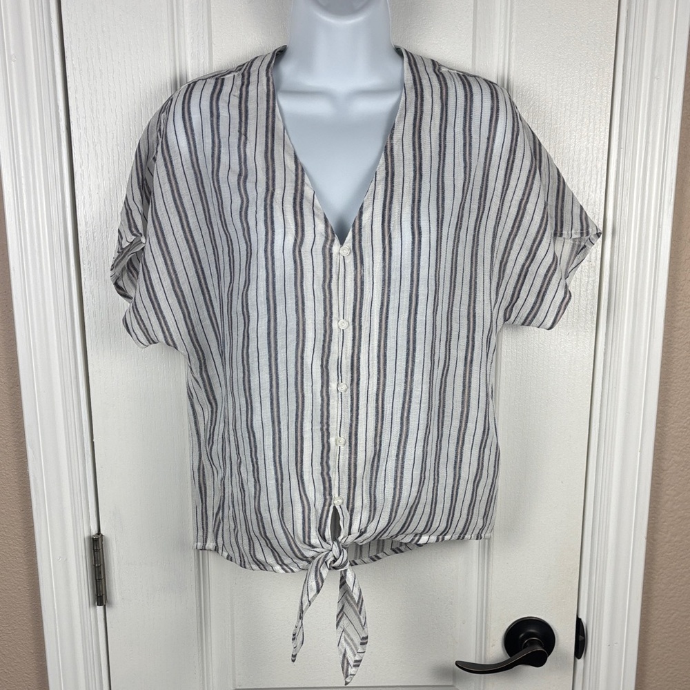 Vixbe Women's Striped Button-Down Tie-Front V-Neck Short Sleeve Shirt Size S NWT